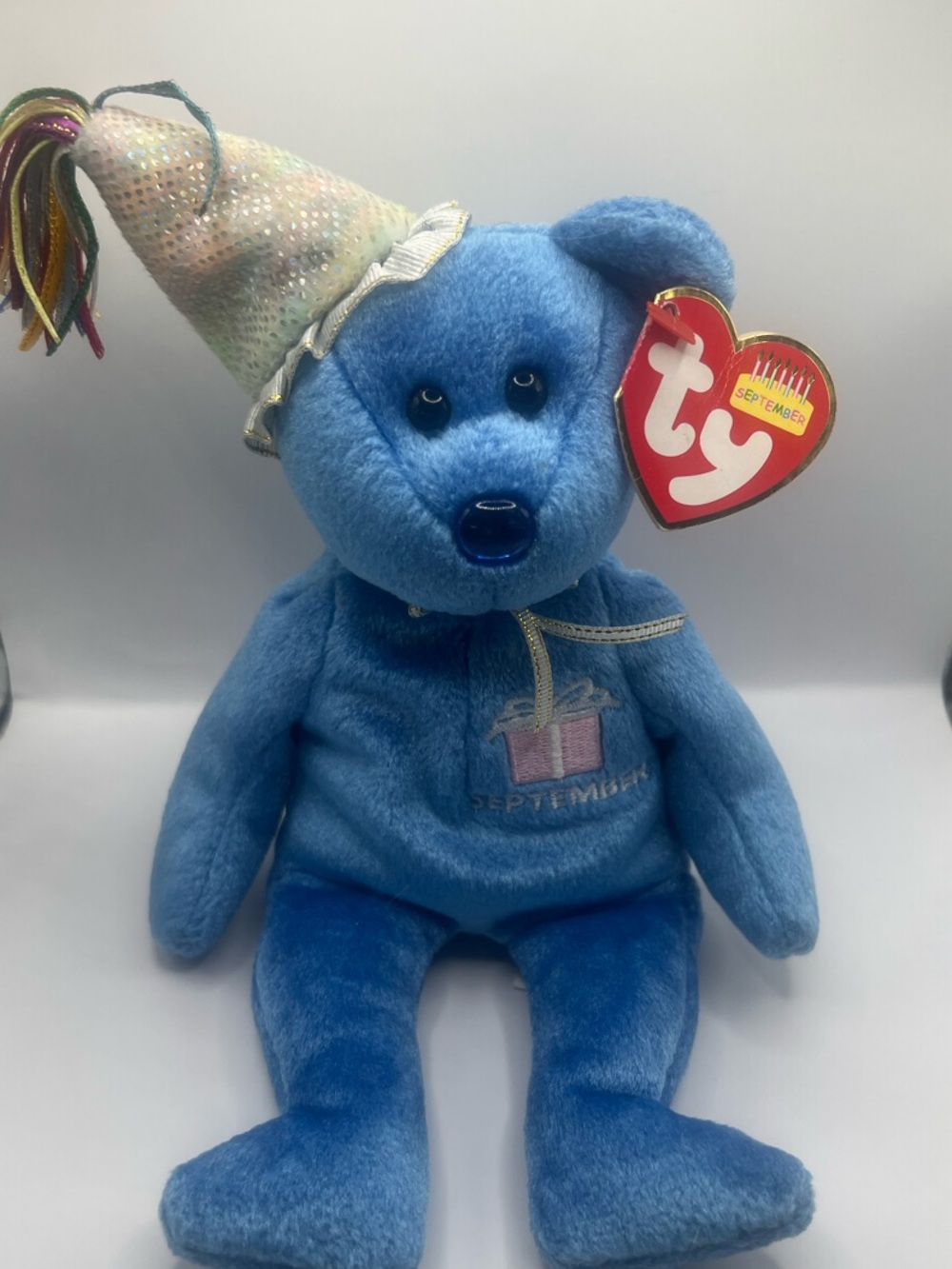 Ty Blue September Birthday Bear with Festive Iridescent Party Hat